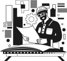 Male engineer creating blueprints and plans illustration in doodle style vector