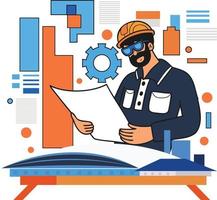 Male engineer creating blueprints and plans illustration in doodle style vector