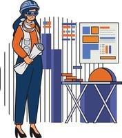 Female engineer supervising construction work illustration in doodle style vector