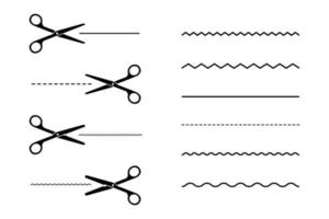 Icon set of black scissors with a variety of cut lines. Flat vector illustration