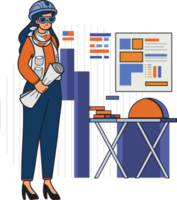 Female engineer supervising construction work illustration in doodle style png