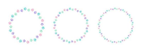 Round colorful pastel animal paw print frame template set. Cute dog paw prints border. Vector illustration