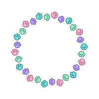 Round colorful pastel animal paw print frame with empty space for your text and images. Cute dog paw prints border. Vector illustration