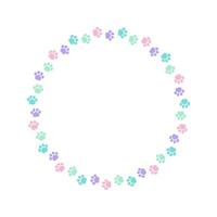 Round colorful pastel animal paw print frame with empty space for your text and images. Cute dog paw prints border. Vector illustration