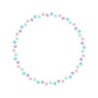 Round colorful pastel animal paw print frame with empty space for your text and images. Cute dog paw prints border. Vector illustration