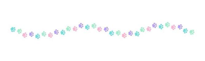 Cute pastel footprints of pets, dog or cat separator border. Paw print pattern, animal track walking vector illustration design element.