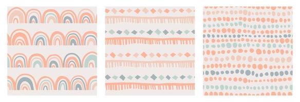 Set of kids boho seamless patterns with rainbow, stripes and dots in doodle style in a natural color palette. Pastel naive nursery print design on a light background. Trendy contemporary kids backdrop vector