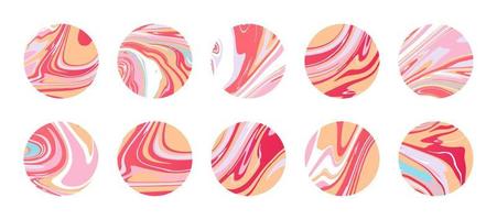 contemporáneo redondo mármol íconos con textura de líquido mármol losa, rebanada o epoxy en rosado. resumen círculos íconos para realce cubre antecedentes para social medios de comunicación cuentos vector