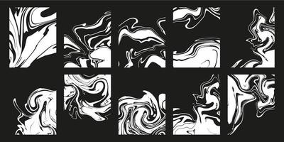 Set of abstract White marble or epoxy textures on a black background. Prints with Graphic Stylish Liquid Ink Stains. Trendy backgrounds for cover designs, invitations, case, wrapping paper. vector