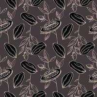 Seamless pattern with cocoa fruits and cocoa plant on a dark background. Lots of cocoa, repeating background. Drawn by hand. Vector illustration