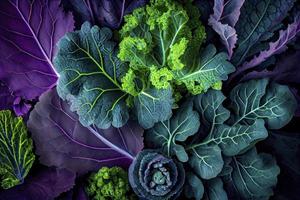 Leaves of different types of kale cabbage top view background photo