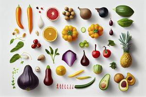 sano comiendo antecedentes estudio fotografía de diferente frutas y vegetales foto