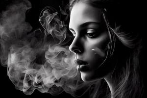 Woman smoking, close up on smoke and mouth photo