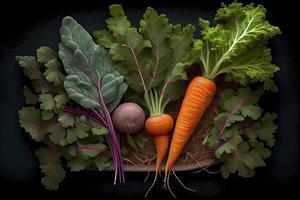 Top view of freshly harvested radish, carrots, and kale cabbage photo