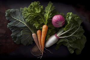 Top view of freshly harvested radish, carrots, and kale cabbage photo