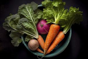 Top view of freshly harvested radish, carrots, and kale cabbage photo