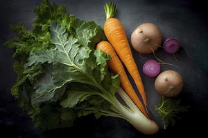 Top view of freshly harvested radish, carrots, and kale cabbage photo