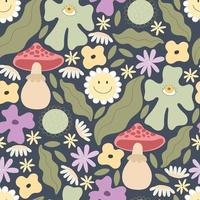 groovy springseamless pattern with cartoon flowers, mushrooms, peace sign. retro style, vector illustration. hand drawing. design for fabric, print, wrapper, textile