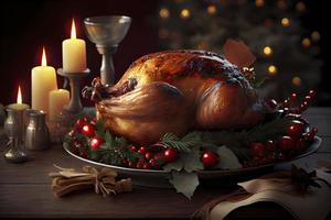 Christmas turkey dinner. Baked turkey garnished with red berries and sage leaves in front of Christmas tree and burning candles photo