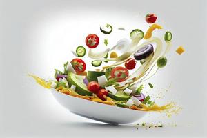 Flying vegetable greek salad isolated on white background photo
