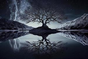 árbol de vida recordativo de yggdrasil reflejado en un glacial lago a noche, dramático estrellado cielo lechoso forma, en el antecedentes foto
