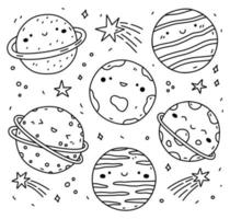 Set of cute smiling planets and stars isolated on white background. Vector hand-drawn illustration in doodle style. Kawaii characters. Perfect for decorations, logo, various designs.