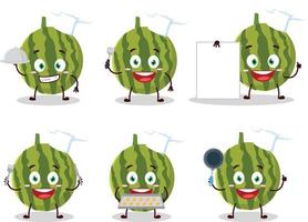 dibujos animados personaje de sandía con varios cocinero emoticones vector