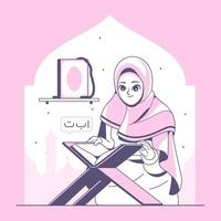 beautiful hijab girl learning al quran vector