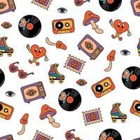 Seamless pattern with retro style. Cassettes, televisions, stamps, roller skates, eyes, lips. Endless patterns for your design. vector