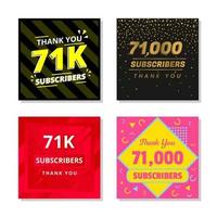 Thank you 71k subscribers set template vector. 71000 subscribers. 71k subscribers colorful design vector. thank you seventy one thousand subscribers vector