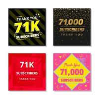 Thank you 71k subscribers set template vector. 71000 subscribers. 71k subscribers colorful design vector. thank you seventy one thousand subscribers vector