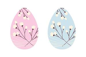 Set of two Easter eggs with pattern of cherry branches entangled with thin threads in trendy shades vector