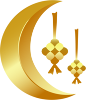 Golden crescent moon and ketupat rice Ramadhan and eid al fitr ornament. Transparent background image file png