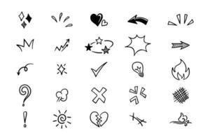 A set of doodle illustrations. The illustrations have elements of doodles, stars, sparkles, hearts, decorations, frames, speech vector