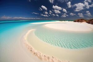 Abstract background of crystal clear water, blue sky and white sand beach. photo