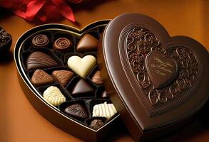 Chocolate gift for Valentine's Day. Heart shaped chocolate box. photo