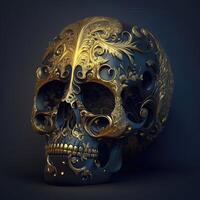 Obsidian skull gilded in gold ornate intricate. photo