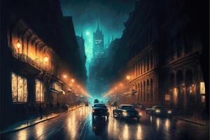 bullicioso ciudad calles a noche. ai generado foto