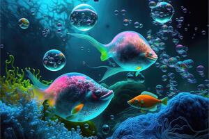 Neon underwater world coral seaweed deep sea fish and bubbles. Fantasy Fluorescent aquatic ocean abstract glow in the dark background. photo