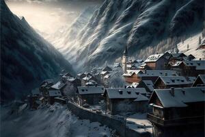 ai generado nieve cubierto pueblo anidado en el montañas. foto