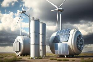 Wind turbines, solar panels and hydrogen gas tanks. Renewable energy concept. photo