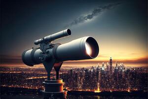 Picturesque view of city and modern telescope in night outdoors photo