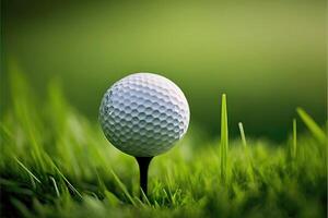 Golf ball on tee with grass and green blurred background. AI Generated photo