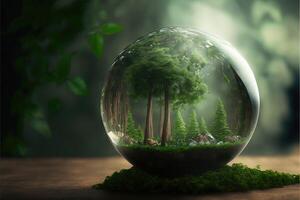 World environment and earth day concept with glass globe and eco friendly environment. photo