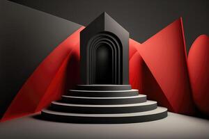 Abstract geometric black podium with red backdrop. photo