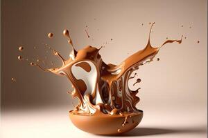 Milk chocolate splashing background. Overflowing glass of chocolate milk. Delicious sweet dessert. photo