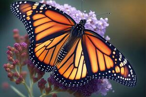 Beautiful orange monarch butterfly in outdoor flower garden. photo