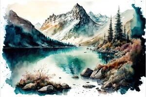 Beautiful watercolor paintings of lake, mountains and trees. photo