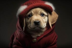 Adorable labrador retriever puppy dressed in a santa clause coat and red santa hat. Celebrate Christmas with cute dog. photo