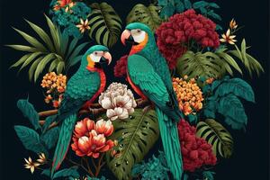 Tropical flowers and leaves of various species with parrots perched on branch. Birds and bright colors floral on dark green background. photo